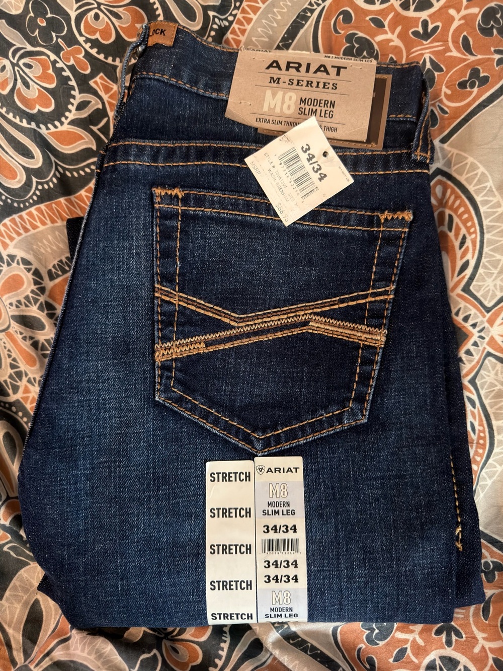 NWT mens Ariat M8Dark Blue Slim Leg Men's Jeans with thick Stitching SIZE 34x34